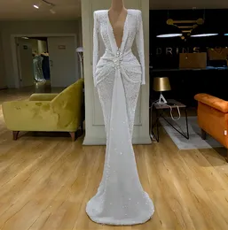 Sparkly Sequined Prom Dresses 2022 Long Sleeve Sexy High Slit V Neck Mermaid Rose Gold Dubai Women zuhair murad Formal Evening Gow288m