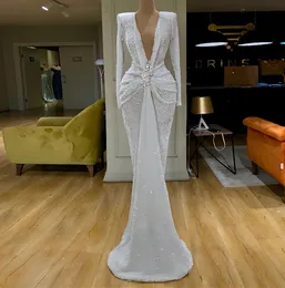 Błyszczące cekinowe sukienki balowe 2022 Długie rękaw Sexy High Slit V Szyjka Syrenka Rose Gold Dubai Women Zuhair Murad Formal Evening Gow288m