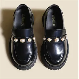 Classic Platform Casual Shoes Genuine Leather Thick Soles Flat Loafer Luxury Designer Fashion Women Low-top Pearl Dress Shoes Size 34-40