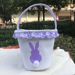 2022 Easter Party Supplies Decorative Tote Basket Printed Plush Rabbit Tail Baskets spets Canvas Tote Candy Presentpåse