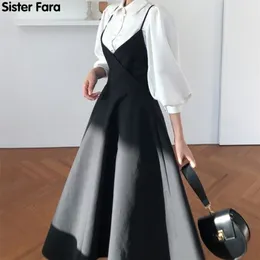 Sister Fara Spring Dress Women Single Breasted Lantern Sleeve Shirt Set+Camisole Bow Pleated Solid Dresses 220311