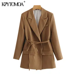 Moda das mulheres com envoltório amarrado blazers casaco vintage bolsos de manga comprida feminina outerwear chique tops 210416