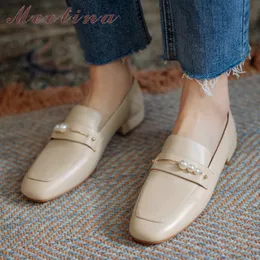 Spring Loafers Shooss Женщина Натуральная Кожа Квадратный Носок Низкий каблуки Жемчужина Коренастые Каблуки Насосы Женская Обувь Абрикос 40 210517