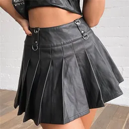 Musuos Sexy Lady Party Street Stylish Leather Skirts Summer Solid Women High Waist Zipper Pleated A-line Mini Skirt Club Bottoms