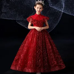 安く赤い赤の焼き花の女の子の女の子のドレスのための長袖のための長袖のための長袖のための長袖のためのボールガウンの誕生日の女の子の聖体聖体誕生日