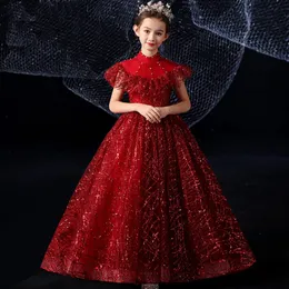 Tanie Blush Red Bling Flower Girls Sukienki Długie Rękawy Do Wesela Koronkowe Aplikacje Balowa Suknia Urodzinowa Dziewczyna Communion Pagewant Suknie