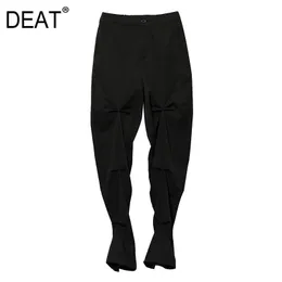 [Deat]ハイウエストボタンフライのズボン新しいスリムフィットパンツ女性黒い折りたたみヒップホップマイクロホーンファッション潮の夏7E1019 210428