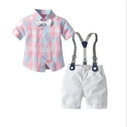 Gentleman stil baby pojkar kläder sätter sommar barn kortärmad plädskjorta med bowtie + suspender shorts 2st set barn kostym pojke outfits 1-7 år