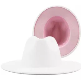 Biały i różowy Patchwork kobiety szerokie rondo sztuczna wełna filcowe kapelusze fedora Unisex mężczyźni Top w stylu Vintage kowbojski kapelusz Jazz czapka imprezowa