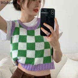 Woherb Short Sweater Vest Women O-neck Sleeve Knitted Waistcoat Korean Fashion Plaid Crop Tops Korean Knitwear Tank 7c695 211008