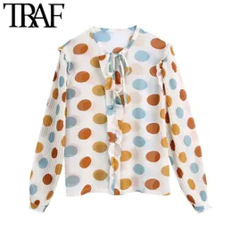 Traf Women Fashion Ruffled Polka Dot Semi-Sher Bluzka Vintage remisowana o szyję Długie rękawe żeńskie koszule blusas eleganckie topy 210415