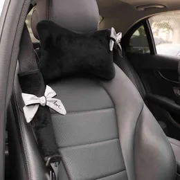 Cute Bowknot Universal Neck Pillow Seat Headrest Grey Bow Rhinestone Auto Waist Support Car Accessories Interior for Women