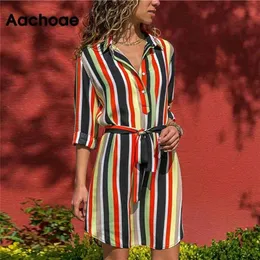 Aachoae с длинным рукавом рубашка платье лето бого пляж e повседневная полосатая печать a-line мини-вечеринка Vestidos 210623