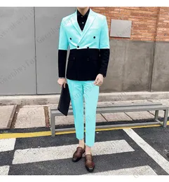 Gwenhwyfar 2020 Abiti da festa Uomo Slim Fit Abiti Pant Prom Baby Blue Suit Costume Homme Doppio Sfiato Splice Contrasto X0909