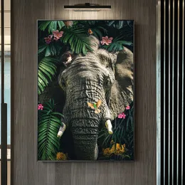 Classic Animal Art Canvas Paintings Flowers Leaves Elephant Posters and Prints Wall Art Picture for Living Room Home Decor Cuadros (No Frame)