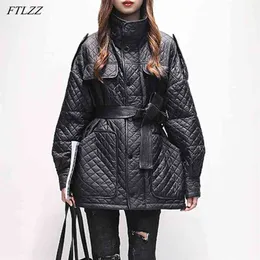 冬の女性暖かい厚いパーカーファッションの固体格子縞のスリムジャケットのベルト90％ホワイトアヒルダウンコート210430