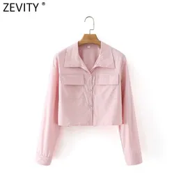 Zevity Women Safari Style Långärmad Rosa Färg Kort Skjorta Kvinna Helt enkelt Dubbelfickor Blus Roupas Chic Chemise Toppar LS9062 210603