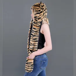 Mode hatt halsduk handske integrerad djur hatt plysch leopard gul tiger mönster imitation päls 211207