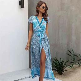 Bohemian maxi long wrap dress women floral print split beach summer holiday slit boho plus size blue 210427