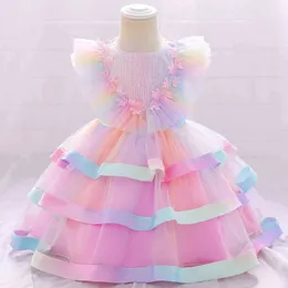2021 Sommar Baby Klänningar för Flickor Sequins Flower Party Chopening Gown Toddler Girl 1 År Birthday Princess Dress Kläder G1129