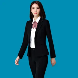 プラスサイズの女性のS-5XLのプロのウェアツーピーススーツの女性のインタビューフォーマルツーリング高品質のブラックオフィスブレザー210527