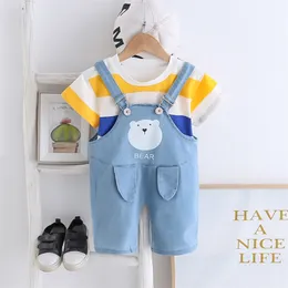 夏の幼児のロンパース服の半袖パッチワークTシャツジーンズブレース赤ちゃん女の子衣装210629