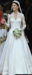 Impressionante Kate Middleton Vestidos de Noiva Royal Modest Vestidos de Noiva Rendas Mangas Compridas Ruffles Trem Catedral Custom Made Alta Quali192u