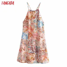 Tangada Fashion Female Vintage Flowers Print Backless Sdresses for Women Female Casual Beach Dress 3H537 210609