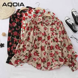 AQOIA Long Sleeve Floral Women Chiffon Shirt Button Up Vintage Turn Down Collar Blouse Spring Office Lady Blouses 210521