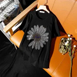 Hiawatha High Quality Drilling T-Shirt Women Summer Black Short Sleeve Diamond T Shirts TX107 210623