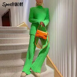 SpotLtWM Cotton Casual Women Knitted Two Piece Sets Ladies Slim Outfits Solid Striped Turtleneck Sweater And Elastic Pant Suits 210925