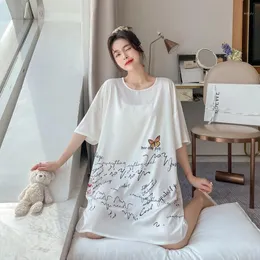 Kvinnors Sleepwear White Print Loose Sleephirts Spring Summer Ice Silk Nightgown O-Neck Lounge 3/4 Ärm Home Dress