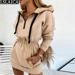 Autumn Dress Casual Loose Slim Hooded Collar Fashion for Women Zipper Pocket Long Sleeves Drawstring Vestiti Donna 210515