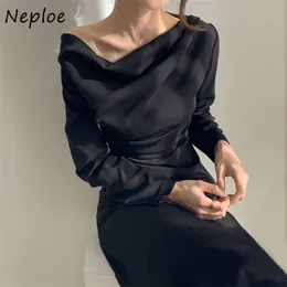 أزياء غير النظامية طوق حزب اللباس الصلبة المرأة عالية الخصر الورك ألف خط رايات طويلة vestidos الربيع كم رداء 210422