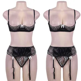 NXY Sexy Lingerie Zwart Kant Halter Set Vrouwen Plus Size Open Bra Bloemen Transparante Hot Erotische Beha Met Kousenband1217