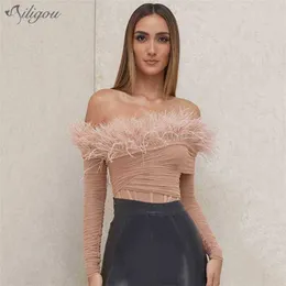 Frauen Sexy Off Schulter Feder Erröten Mesh Enge Bandage T-shirt Sommer Vestido Club Langarm Top 210525