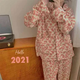 Pink Chic Nightwear Leopard Comfortable Women Animal Printed Stylish Homewear Soft Girls Sweet Pajamas Sets 210525