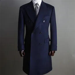 Abiti da uomo blu scuro formali in lana spessa smoking doppiopetto su misura giacca con risvolto con visiera cappotto lungo da lavoro3007