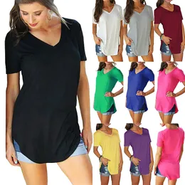 カジュアルトップ女性TシャツセクシーなVネックルーズスプリットフォークスプライシングシンプルさの半袖ソリッドカラー快適な通気性9色wmd