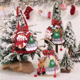 Jul Drawstring Candy Present Goodie Väskor Med Handtag Snowman Reindeer Santa Sacks för Kids Party Favors XBJK2110