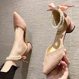 Buty Sukienka Sandalias de Verano Para Mujer Zapatos de Vestir Con Correa El Tobillo Punta Puntiaguuda Tacón Medio Perlas 220309