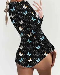 Kobiety Seksowny Multicolor Butterfly Print Z Długim Rękawem Skinny Pajacyki Głębokie V Neck Cute Pajama Femme Krótki Kombinezon Dama Odzież 210415