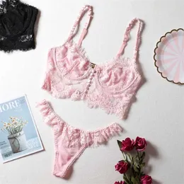 Büyük boyutlu kadın iç çamaşırı setleri kirpik brassiere iç çamaşırı seti seks dantel bralette bra ve külot pembe külot 211104