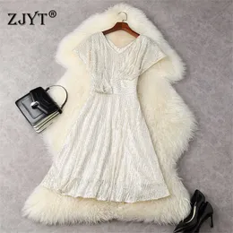 Fashion V Neck Sommar Shining Sequined Short Cocktail Party Dress Women Robe Elegant Designers Evening Vestidos 210601