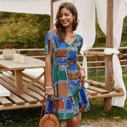 Vintage Dress Summer Casual Boho Print Krótki Rękaw V Neck Bawełniany Lace-UP Mini En Elegancka Party Sundress Vestido 210517