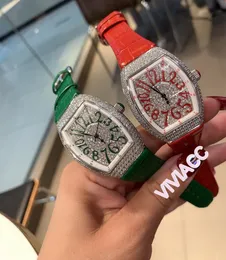 Clássico Novas Mulheres Aço Inoxidável Geométrico Vinho Barril Relógios Verde Couro Zircão Quartz Relógio Full Crystal Diamond Watch