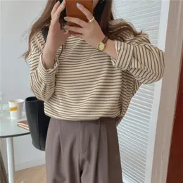 Alien Kitty Coffee Stripes Cotton T-Shirt Loose-Fitting Autumn Lady Casual Full Sleeve Chic All Match Tops 220307