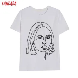 Tangada Kobiety Izboridery Biały Bawełna T Shirt Koszulka Krótki Rękaw Damska Koszula High Street Wear Top 4H42 210609