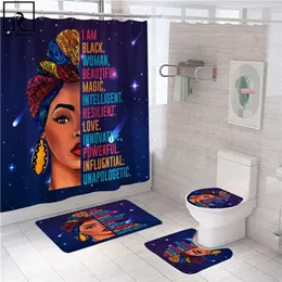 Black Women Afro Girls Print Set di tende da doccia Poliestere Ganci per tende da bagno Tappetino da bagno moderno Copri coperchio WC Accessori 211116