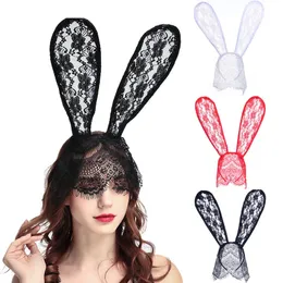 Lace big bunny ears Headbands black hair hoop Halloween mask red white lace dance party photography headdress